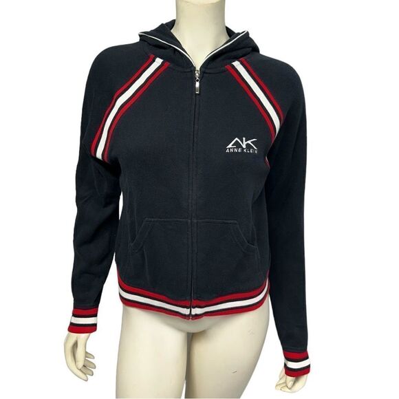 Anne Klein Black Zip Up Hoodie with Red and White Trim Sweatshirt with Hood - Picture 1 of 6